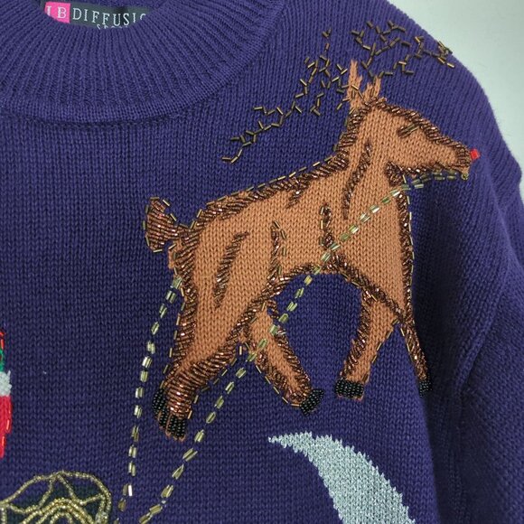 Vintage IB Diffusion Sport Christmas Purple Sweater L Santa Claus Beaded 90s - Picture 7 of 16